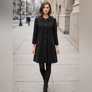Black Mod Swing Coat Jackie O Style Pleated Back Removable Collar A-Line Medium